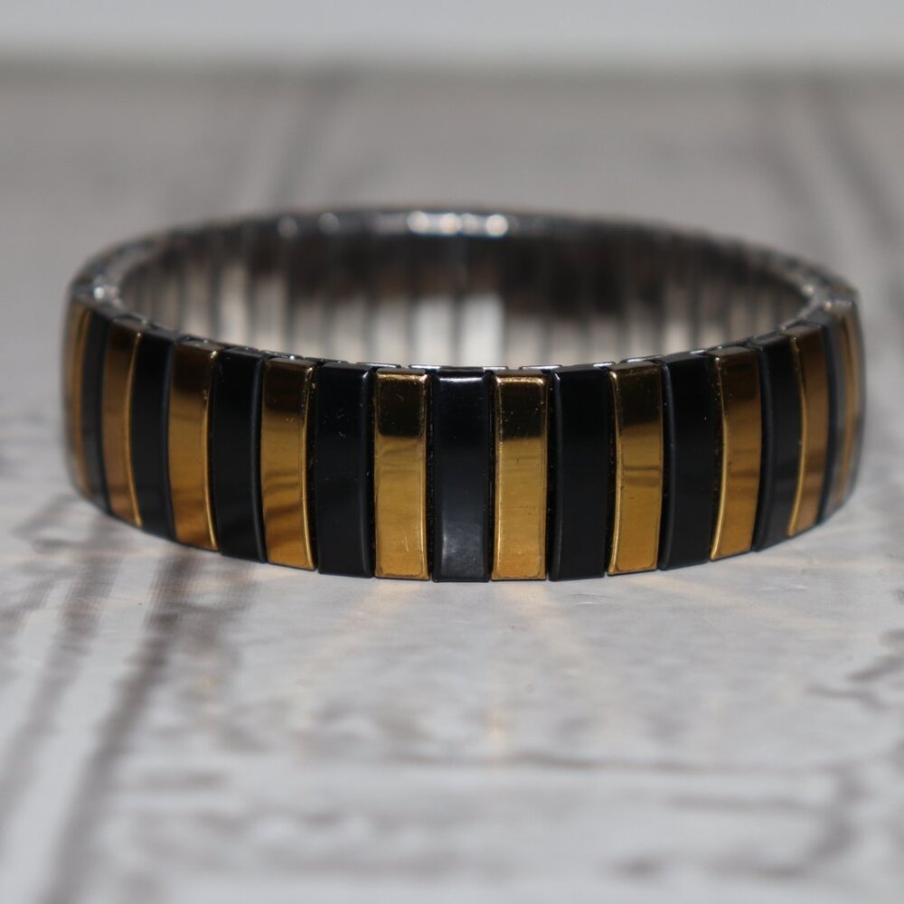🖤✨ Black & Gold Stretch Bracelet · Watchband Style · 7.5" Around